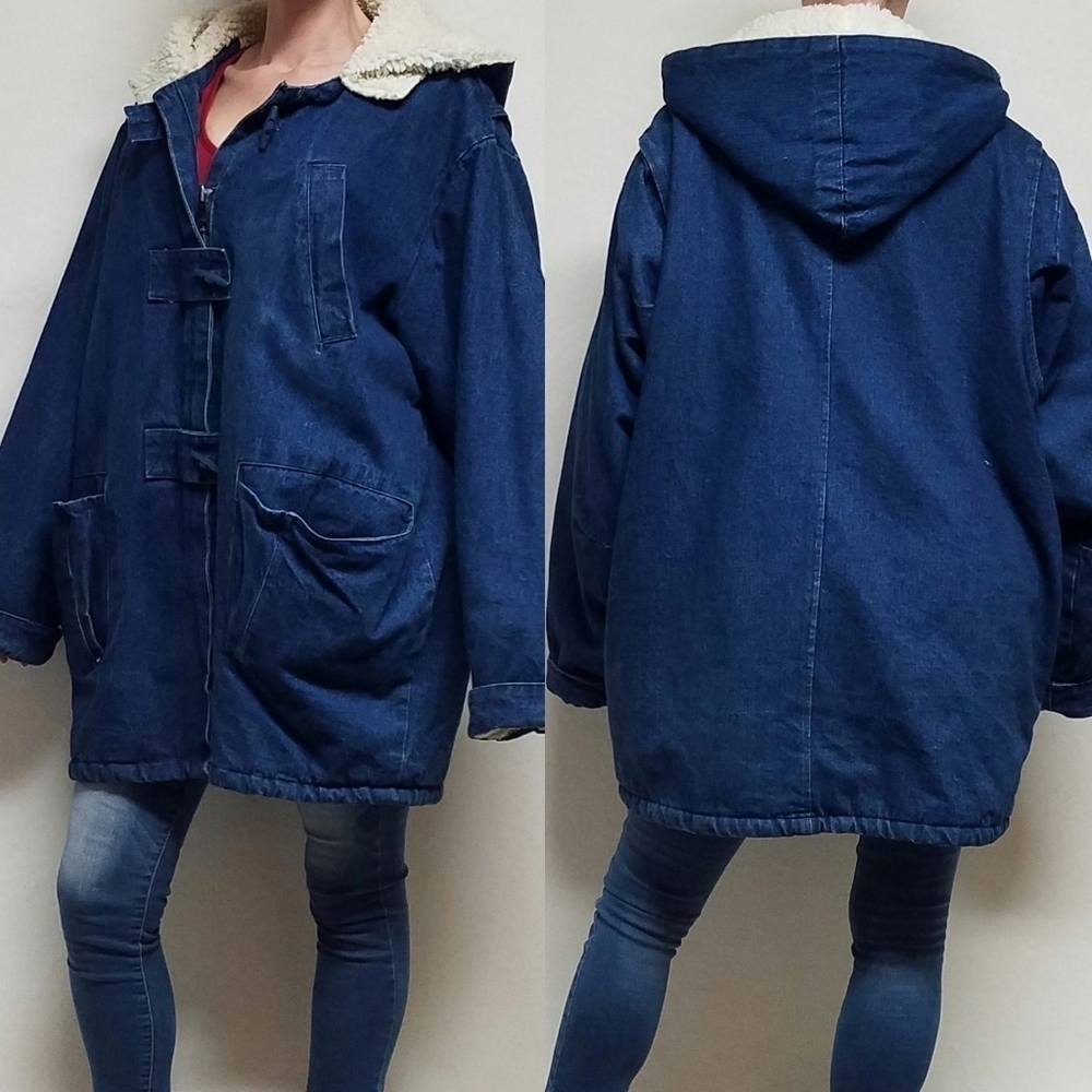 Vintage 70s Sergio Valente Dark Wash Stone Wash Sherpa Lined Hooded Denim Jacket